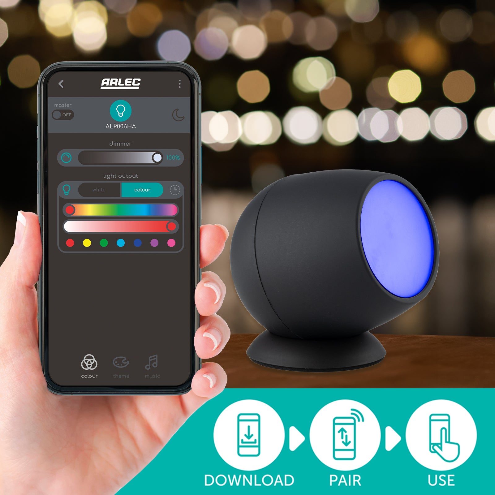 Smart tabletop spotlight with RGB and white LEDs, USB powered, Wi-Fi app control, Google and Alexa compatible