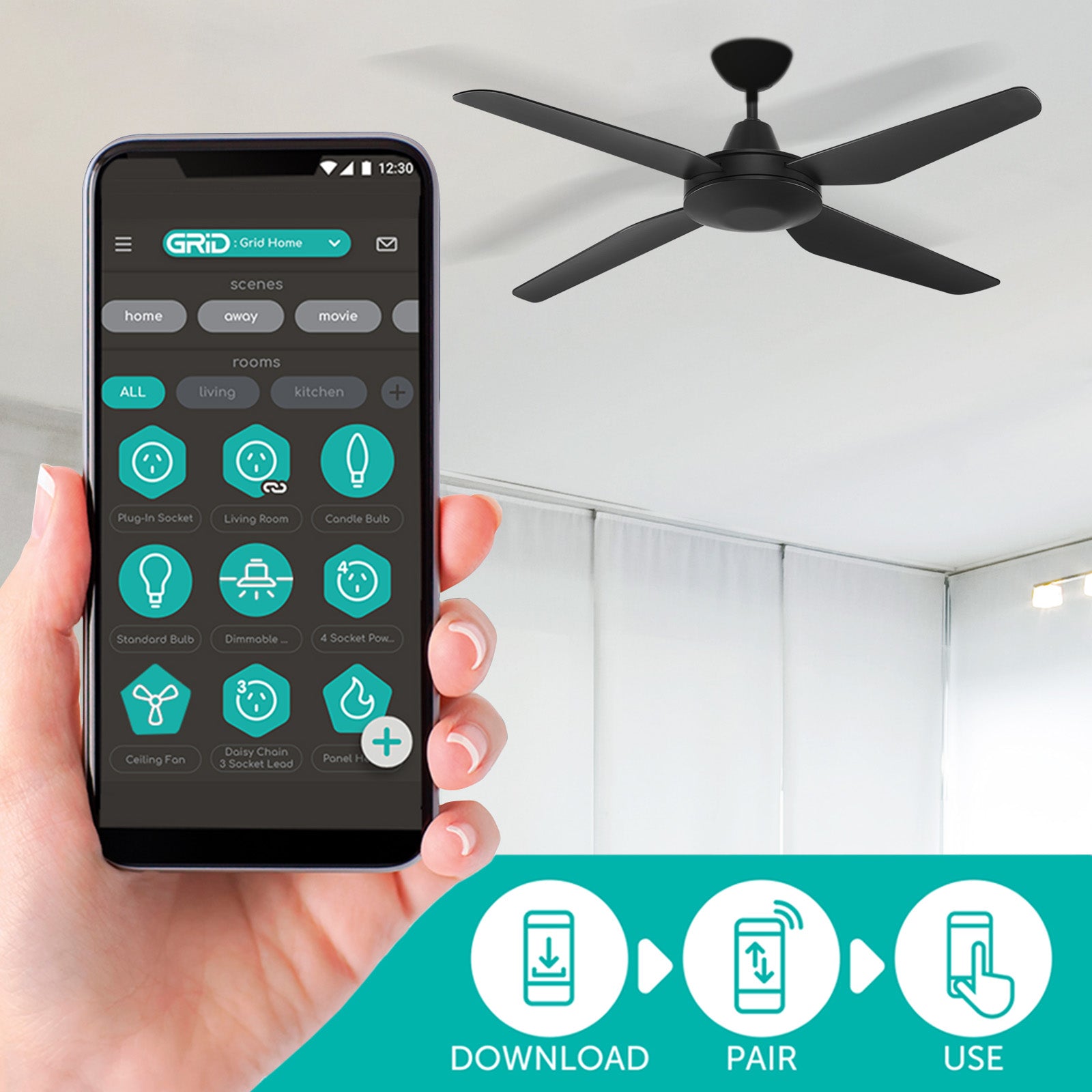 Arlec 130cm black smart ceiling fan with LED light and 6-speed remote