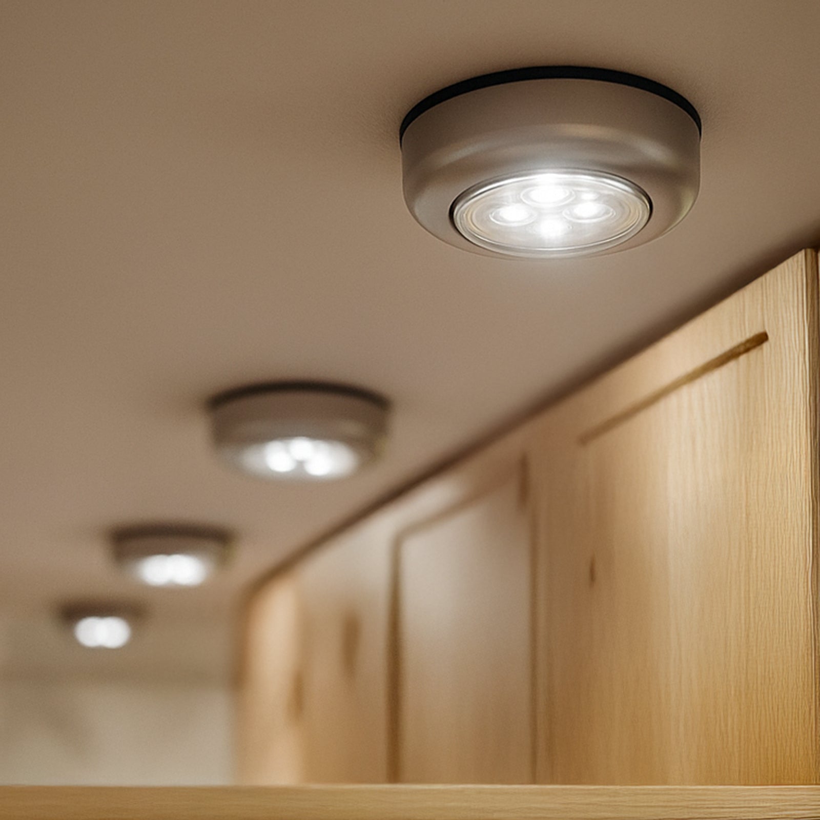 Arlec 3 pack mini push LED lights for cabinets, drawers, and night-time visibility