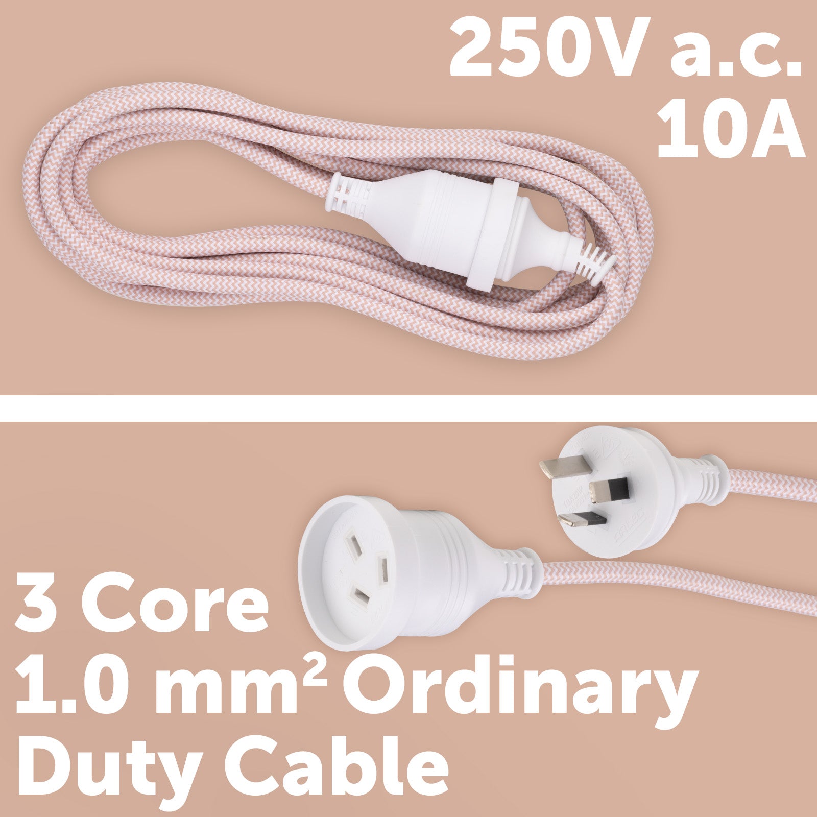 5m Braided Extension Lead Pink - stylish pink power cord, 5m braided extension, decorative cable