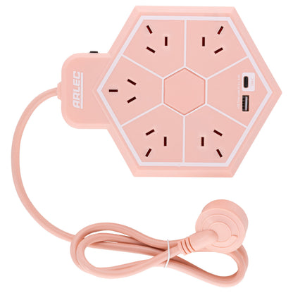 5 outlet hex powerboard with USBs – peach – hexagonal design powerboard with USB ports