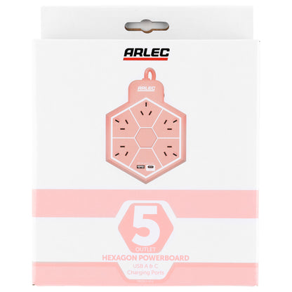 5 outlet hex powerboard with USBs – peach – hexagonal design powerboard with USB ports