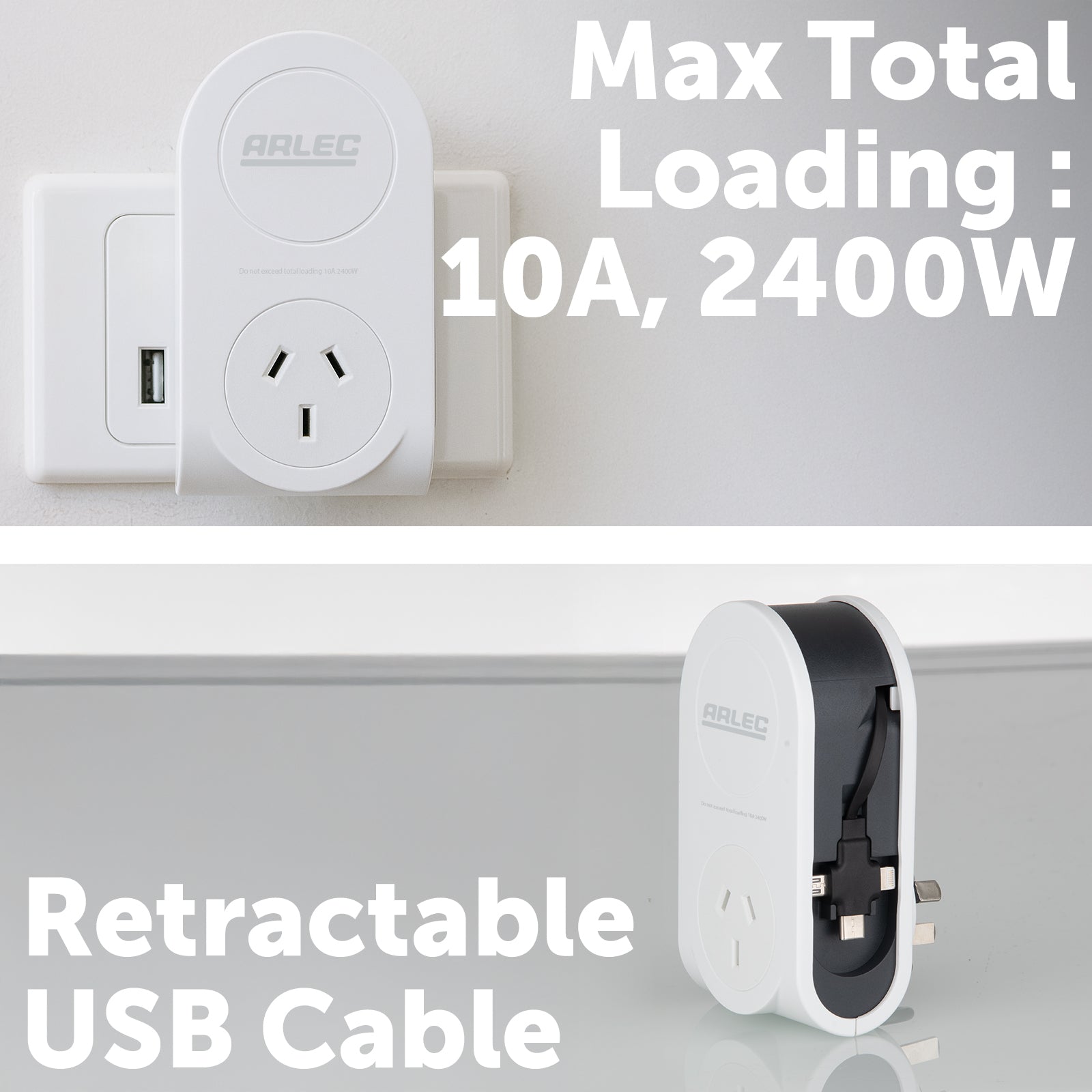 Retractable USB charger adaptor with extra USB port – Arlec 3-in-1 design