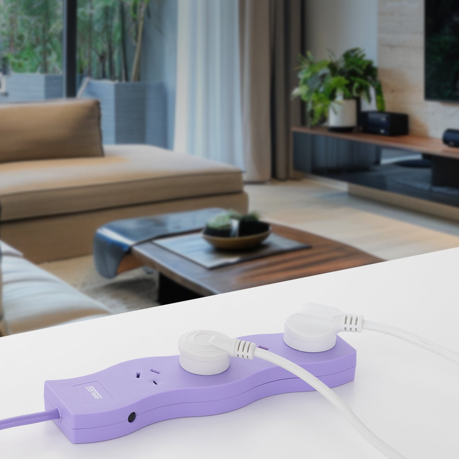 4 outlet lilac powerboard – wave – lilac colored wave style powerboard for decorative interiors