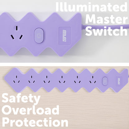 6 outlet lilac powerboard – colored extension board with six outlets