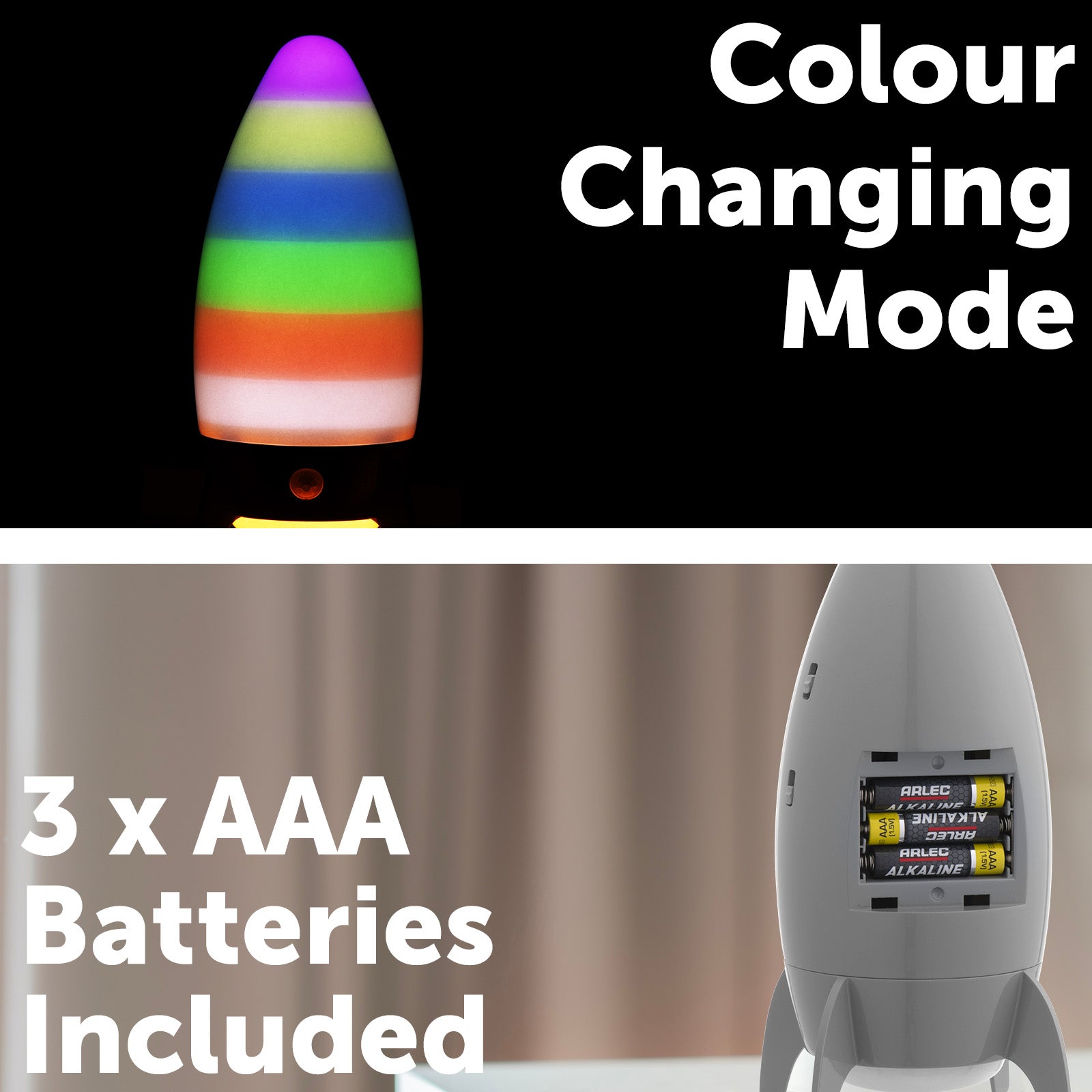 Arlec rocket-themed motion sensor night light with colour changing LED for kids