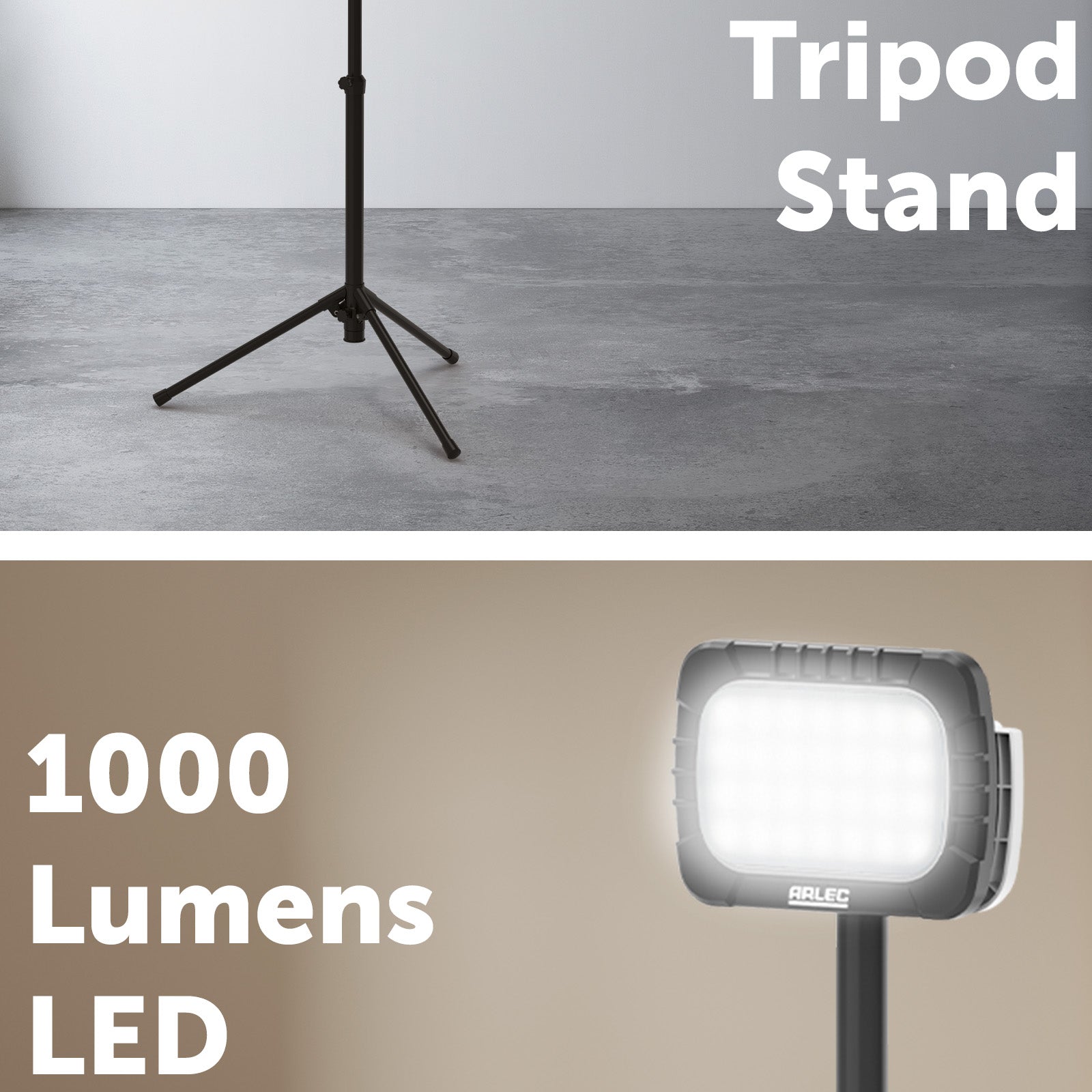 Arlec single-head 1000lm rechargeable tripod work light – USB-C, weatherproof