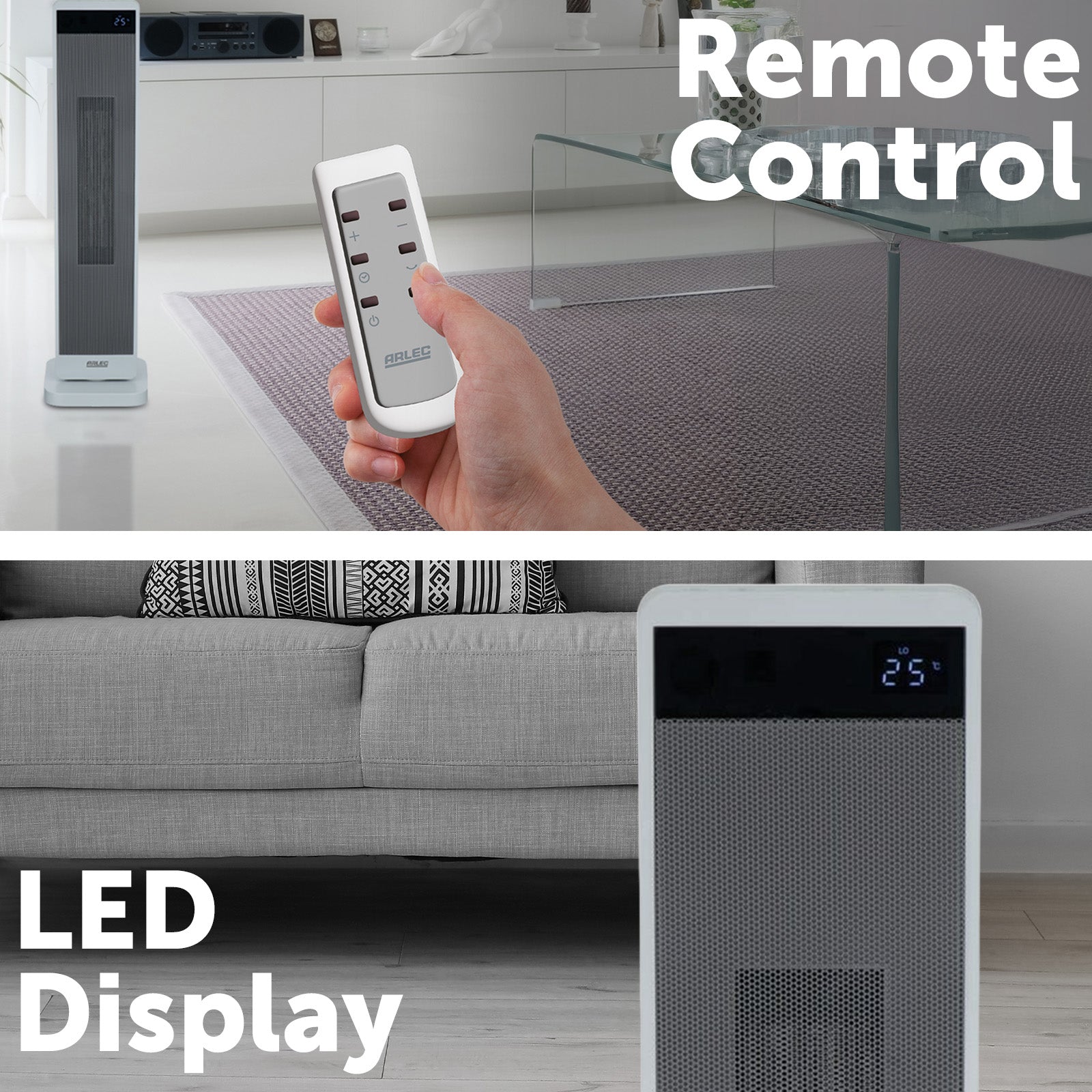 arlec 2400w smart tower heater – space-saving tower heater; grid connect room heater; remote control electric heater