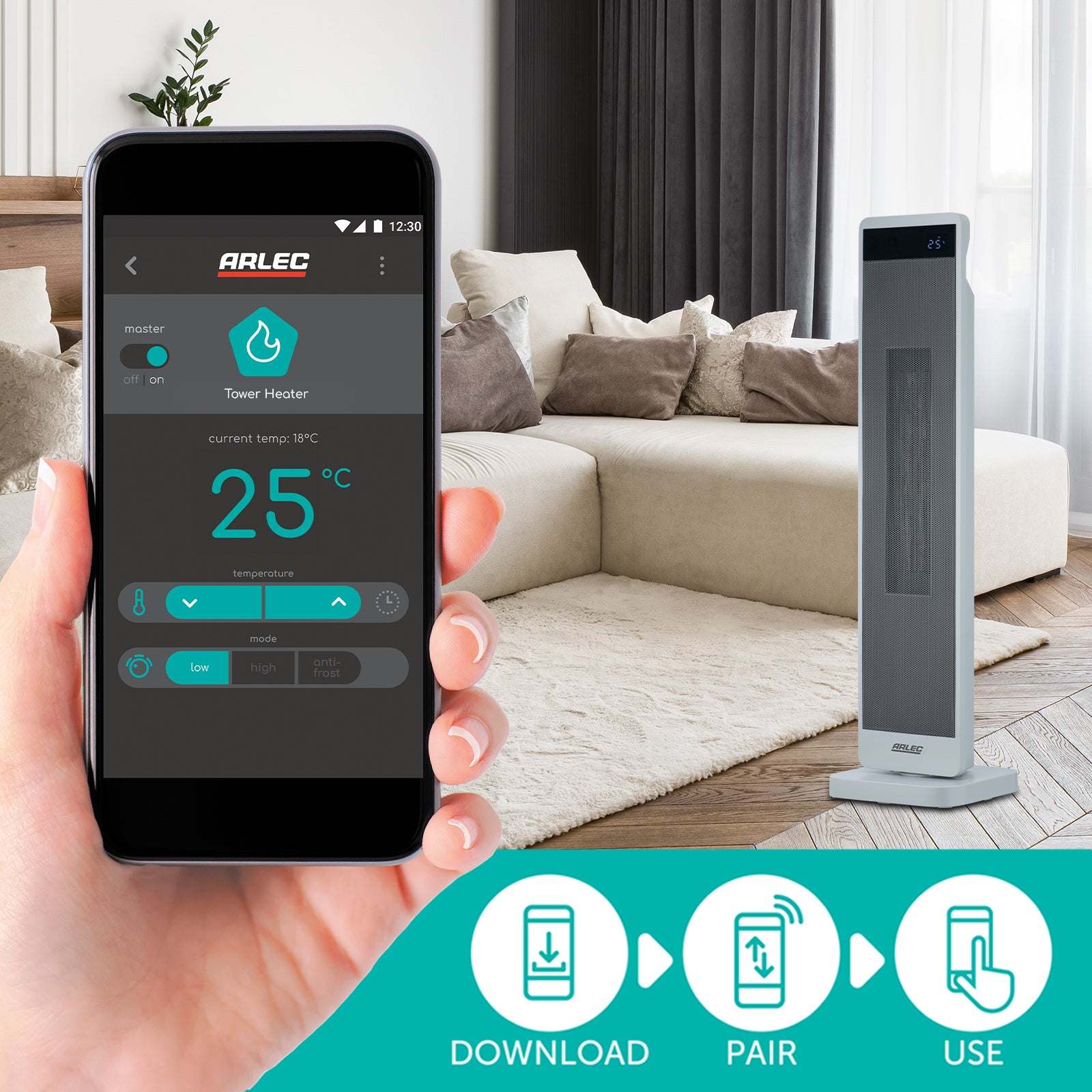 arlec 2400w smart tower heater – space-saving tower heater; grid connect room heater; remote control electric heater