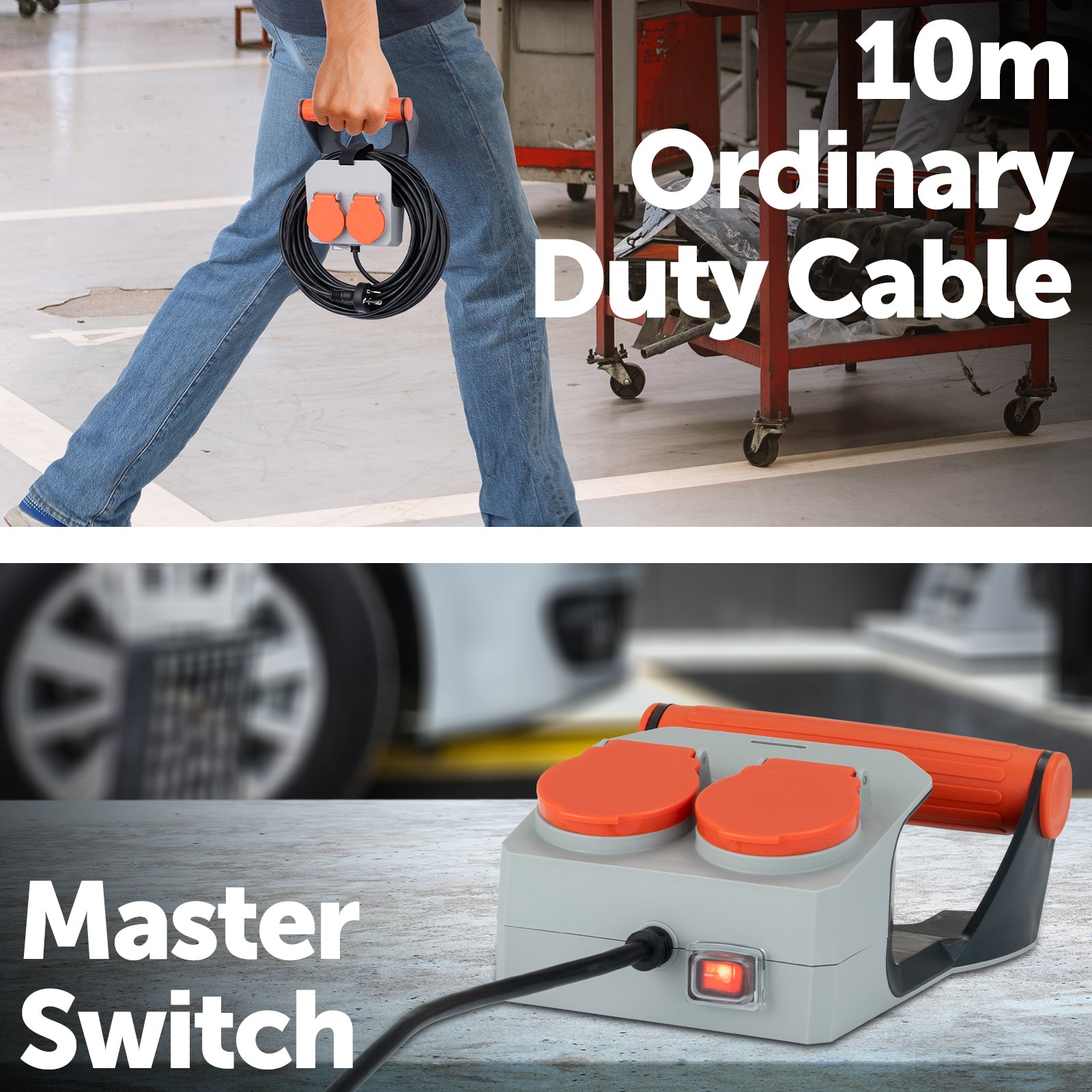 Arlec twin outlet power handle with 10m cable – outdoor workshop use
