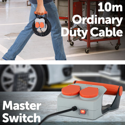 Arlec twin outlet power handle with 10m cable – outdoor workshop use