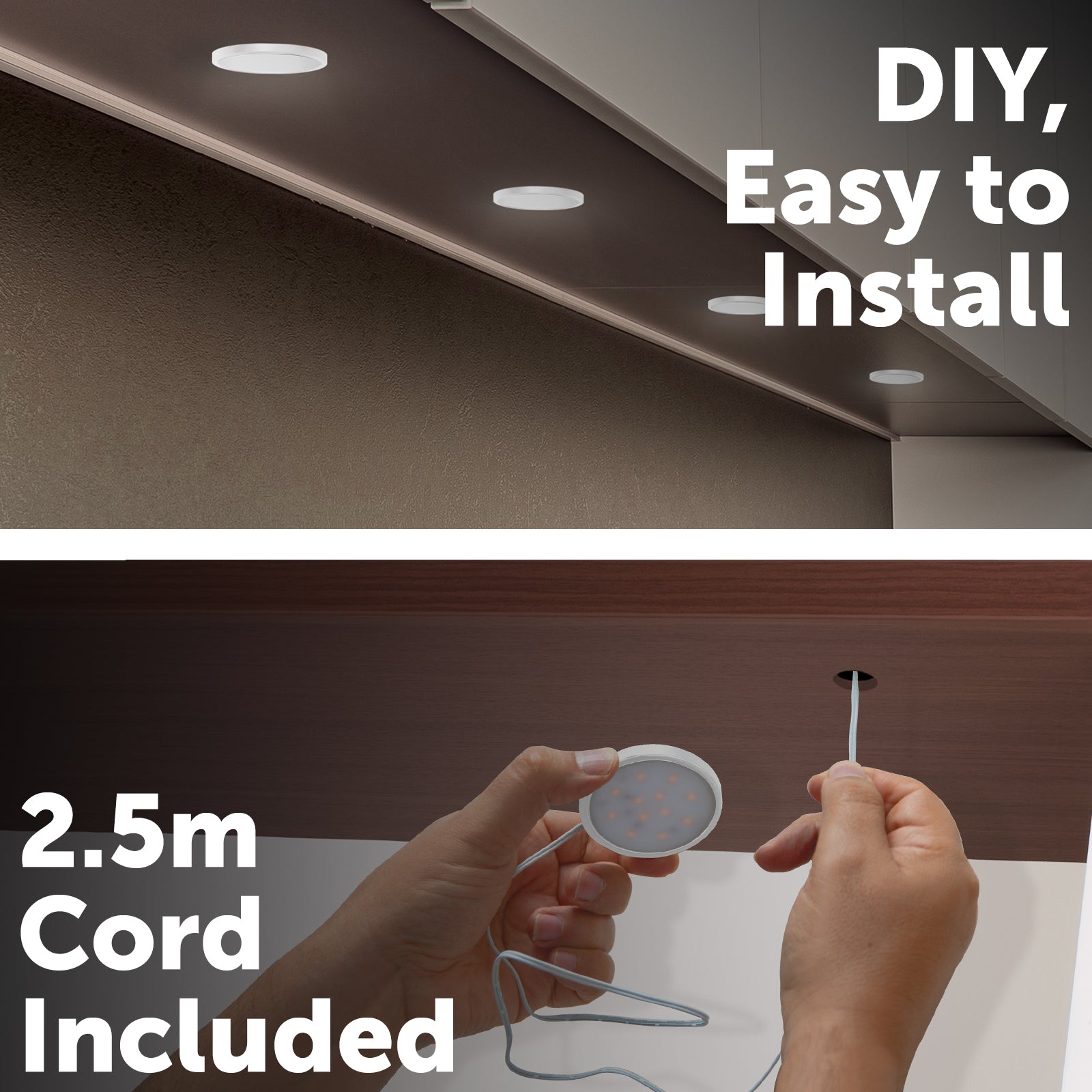 Arlec 4 pack LED puck lights, warm white under cabinet lighting, plug-in DIY light kit