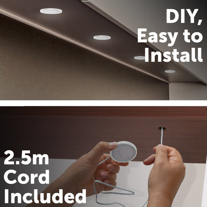 Arlec 4 pack LED puck lights, warm white under cabinet lighting, plug-in DIY light kit
