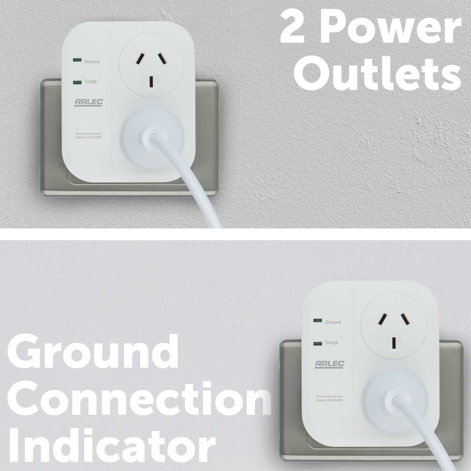 Double adaptor with surge protection for home electronics – Arlec vertical plug