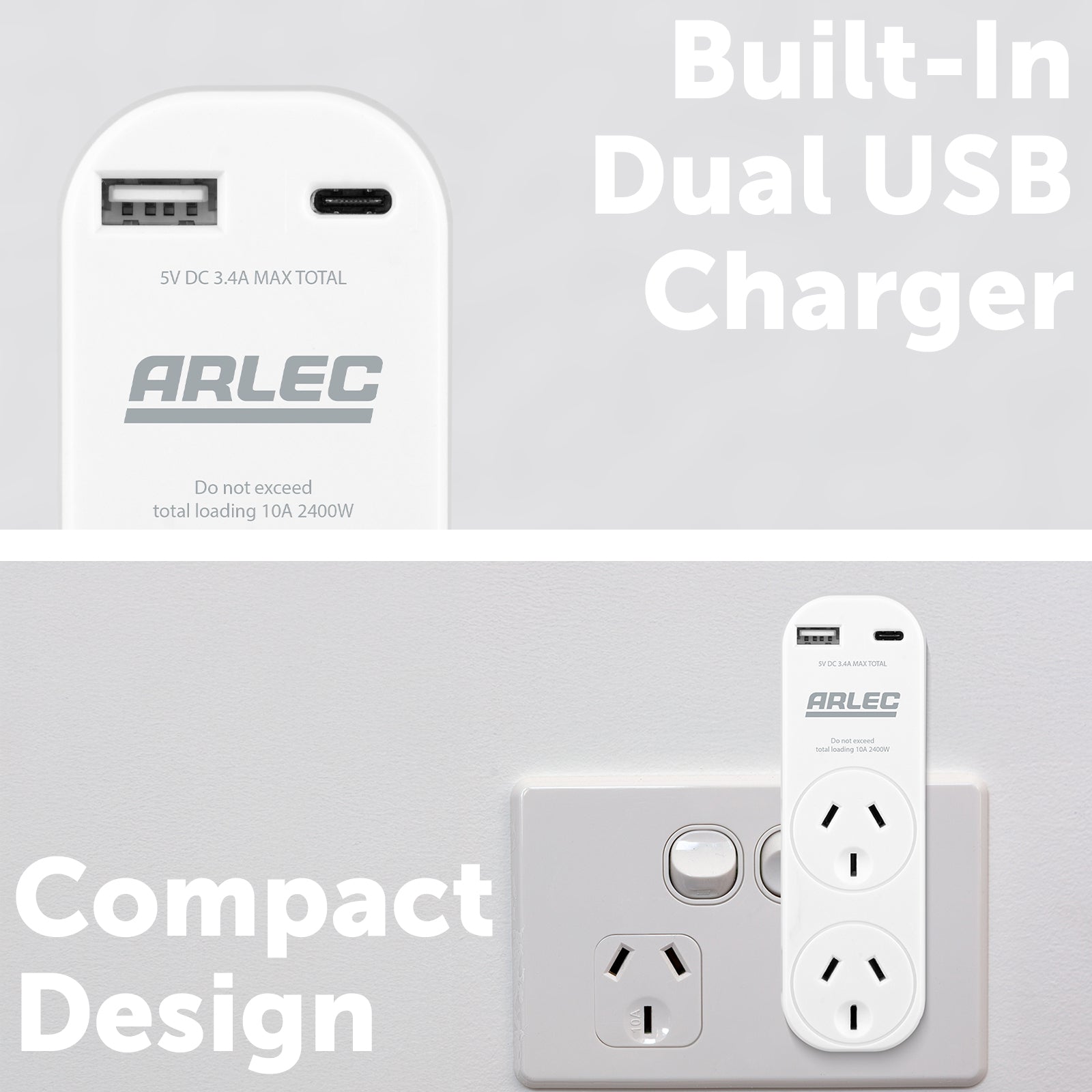 2 Outlet adaptor with x2 USB 2.4A – compact USB adaptor for home and office