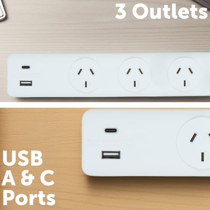 3 outlet powerboard with USB charger 3.1A – compact powerboard with USB charging for home use