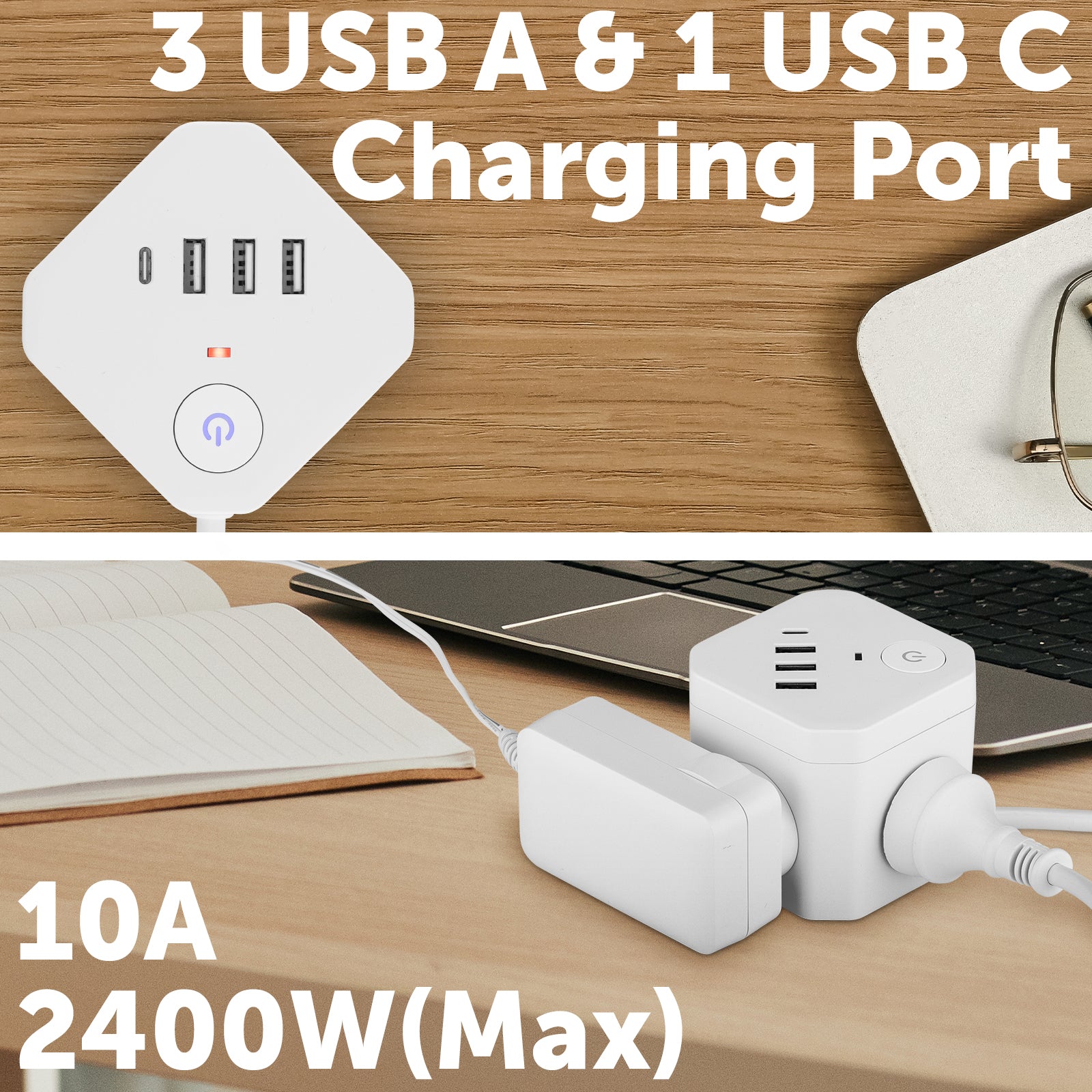 4 outlet power cube with USB 3A+1C – 3.4A – compact USB cube powerboard for fast charging