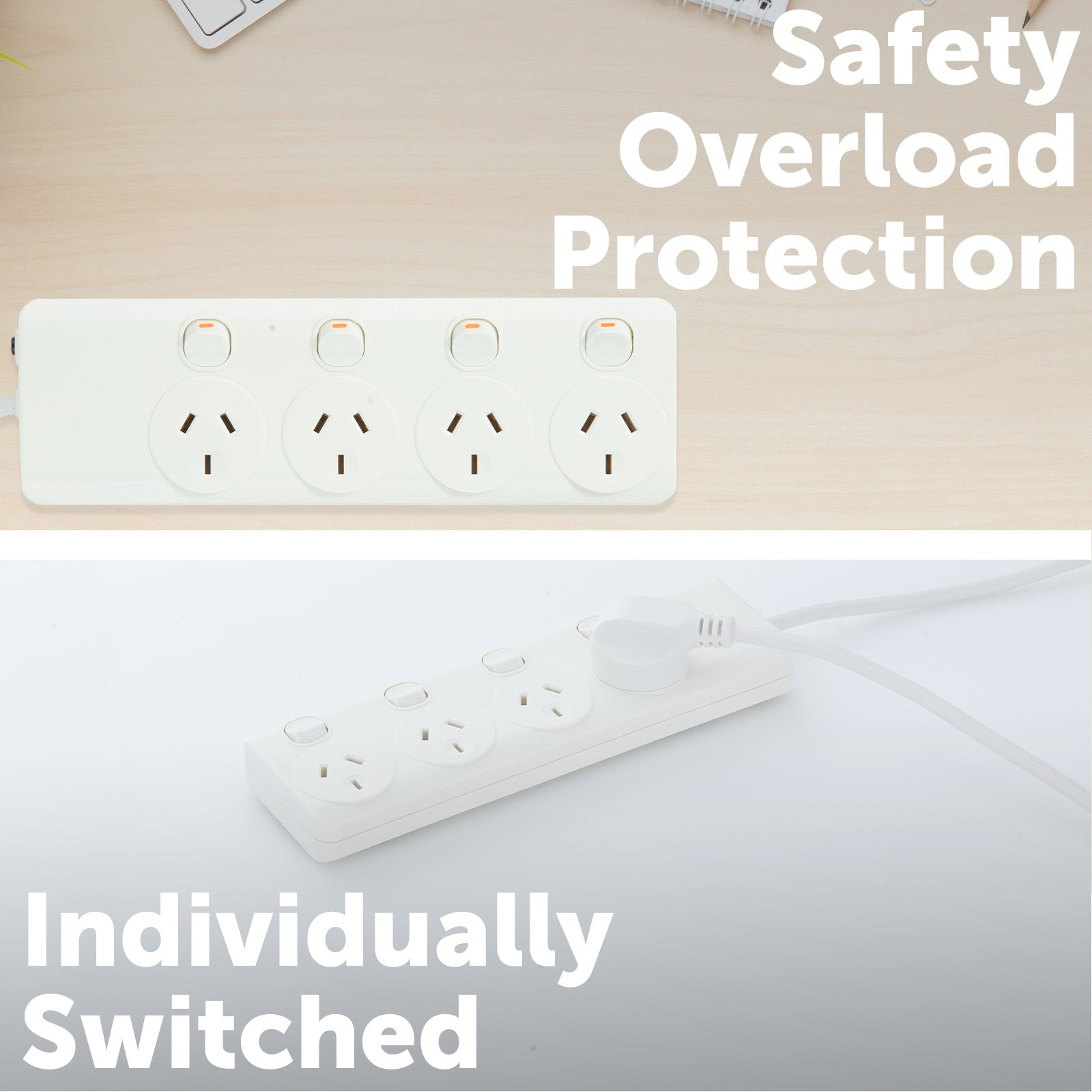 Individually Switch 4 Outlet Powerboard – 4 switch control surge protected extension board