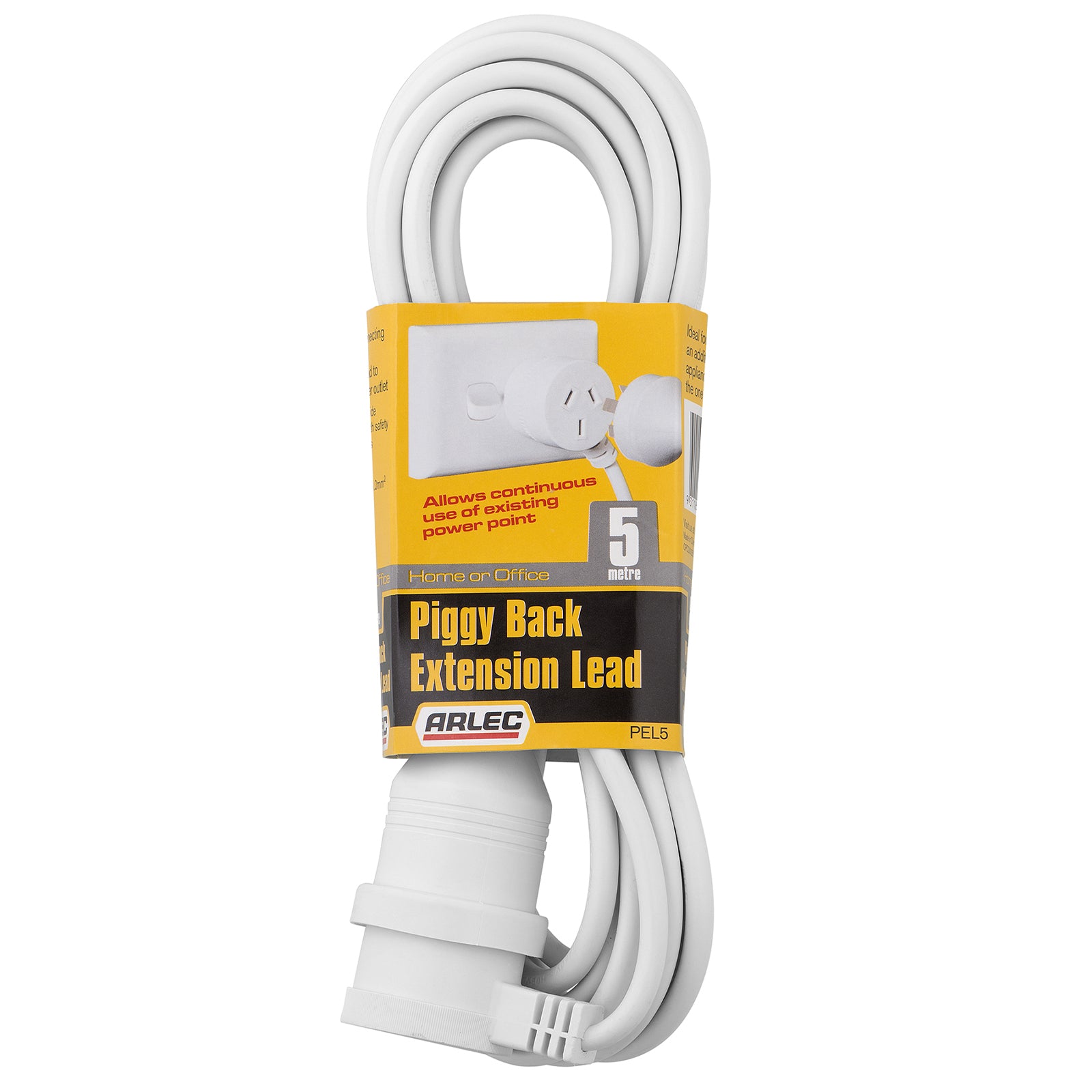 5m piggyback extension cord – Arlec white with low profile plug