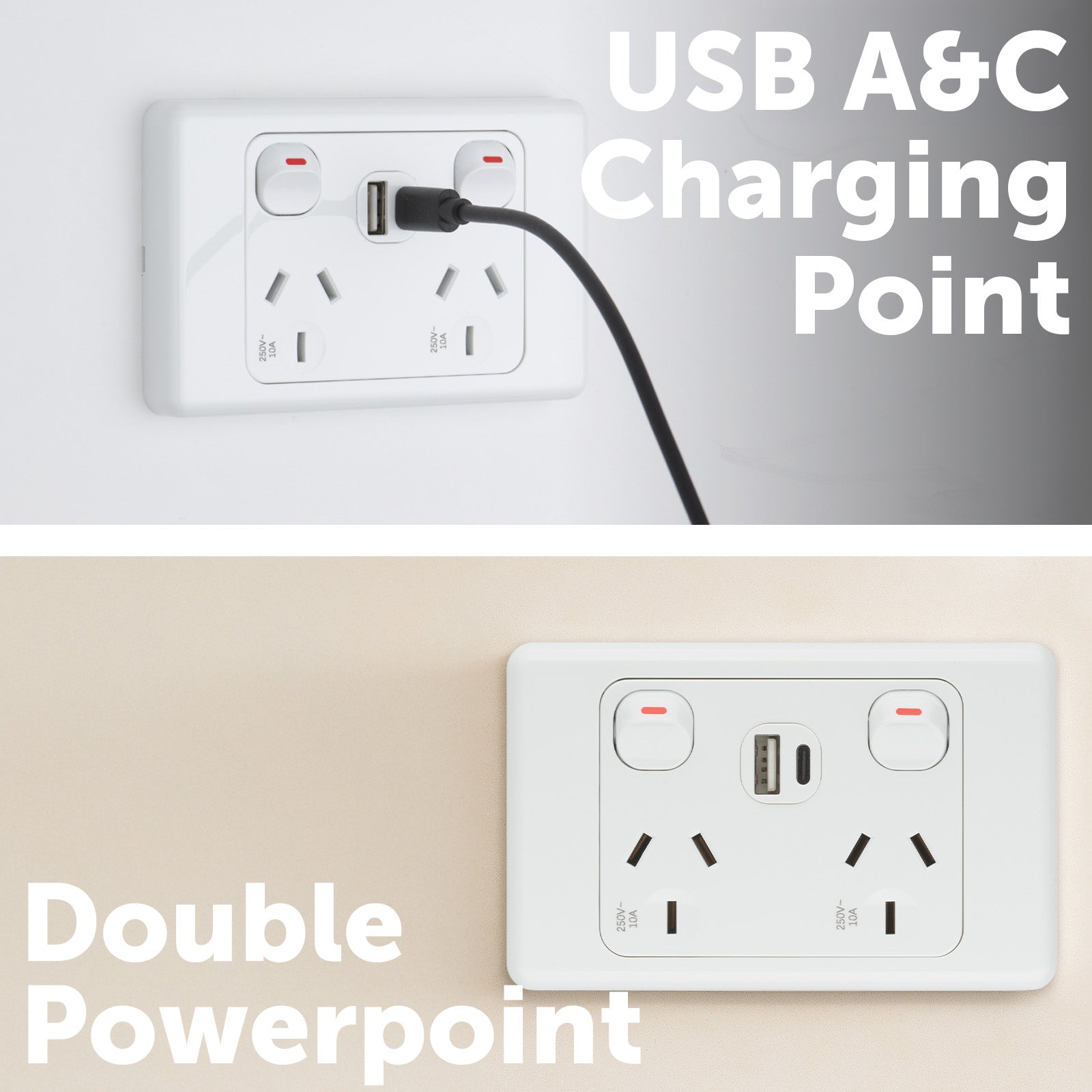 Arlec Double Power Point with USB A & C Charger for wall-mounted smart power