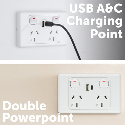 Arlec Double Power Point with USB A & C Charger for wall-mounted smart power