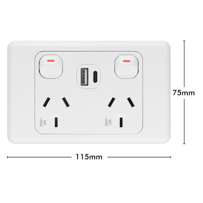 Arlec Double Power Point with USB A & C Charger for wall-mounted smart power