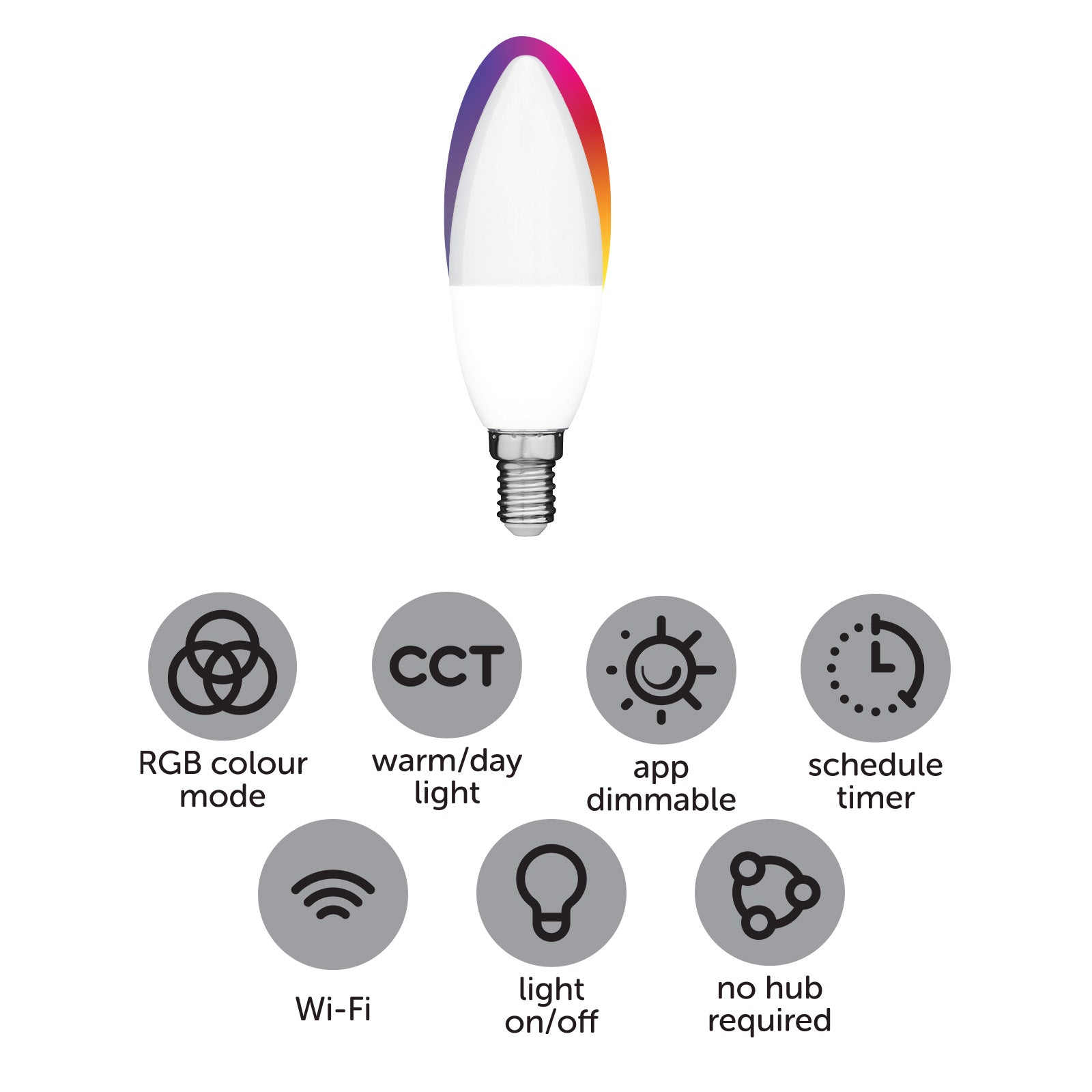Smart candle LED E14 globe with RGB + CCT adjustment, Grid Connect app, Alexa & Google compatible