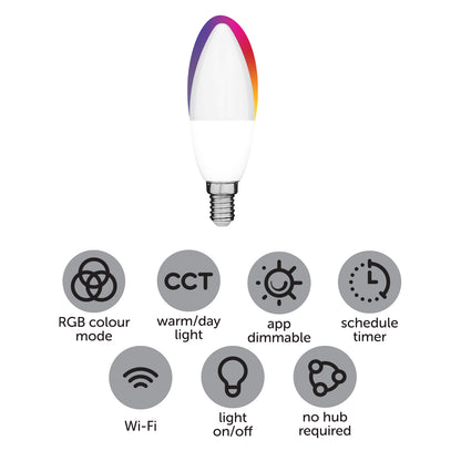 Smart candle LED E14 globe with RGB + CCT adjustment, Grid Connect app, Alexa & Google compatible