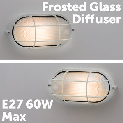 Arlec White Oval Caged Bunker Light - bunker wall light