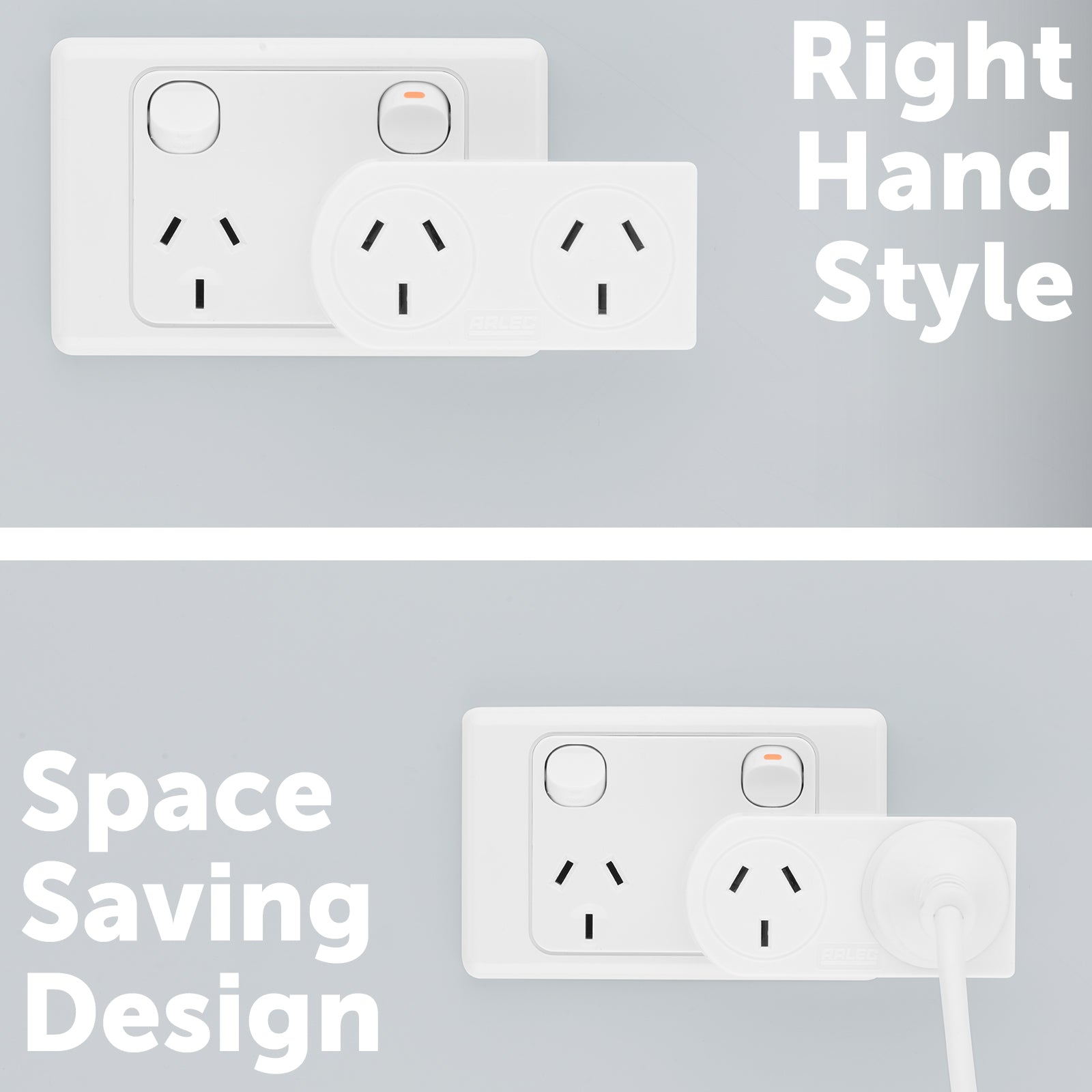 Right angle wall adaptor for tight spaces – Arlec side mount plug