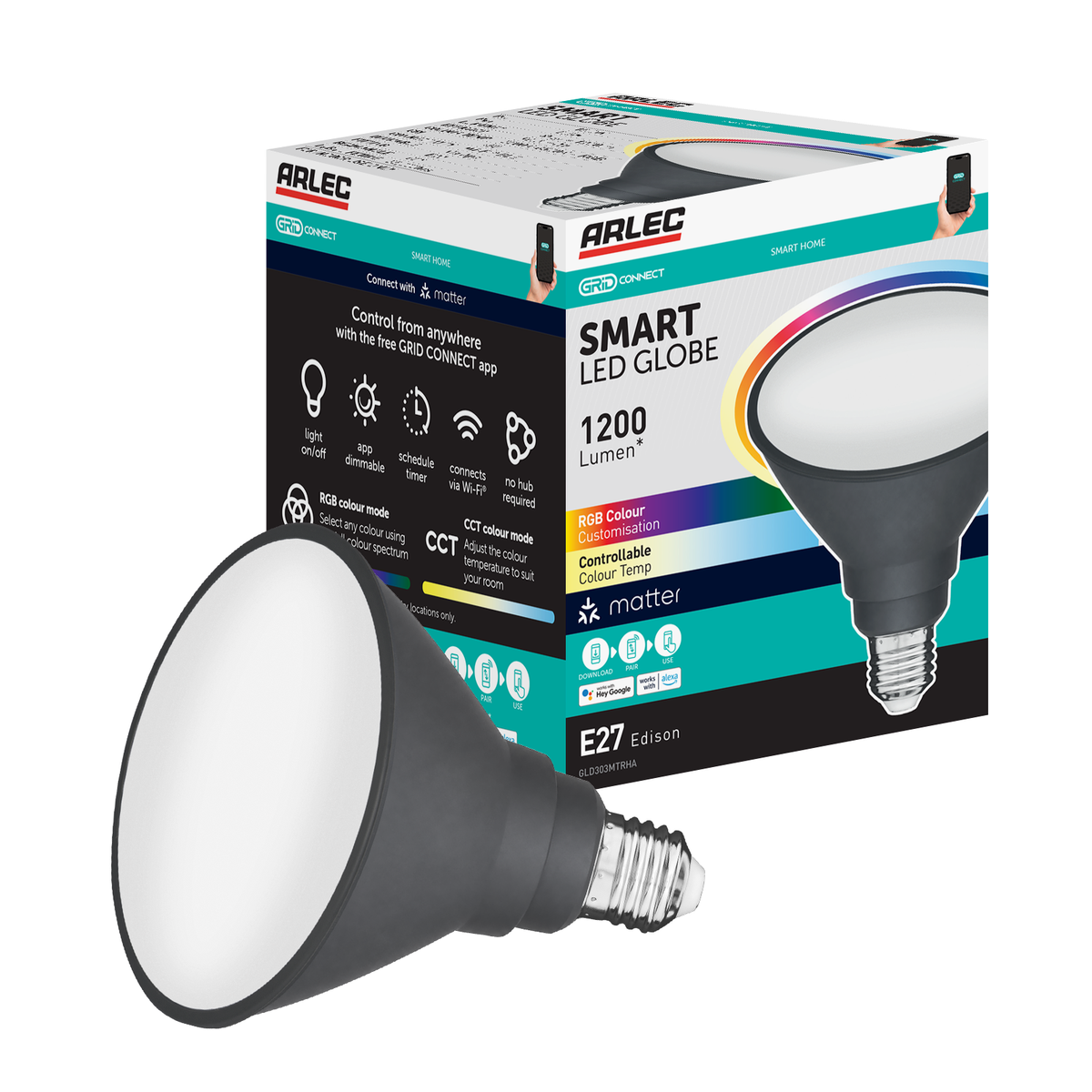 Arlec Grid Connect Smart 15W E27 RGB+CCT and Tunable White LED Reflector Globe