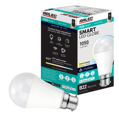 Arlec Grid Connect Smart 11W B22 1050lm Tunable White LED Globe - Matter Compatible