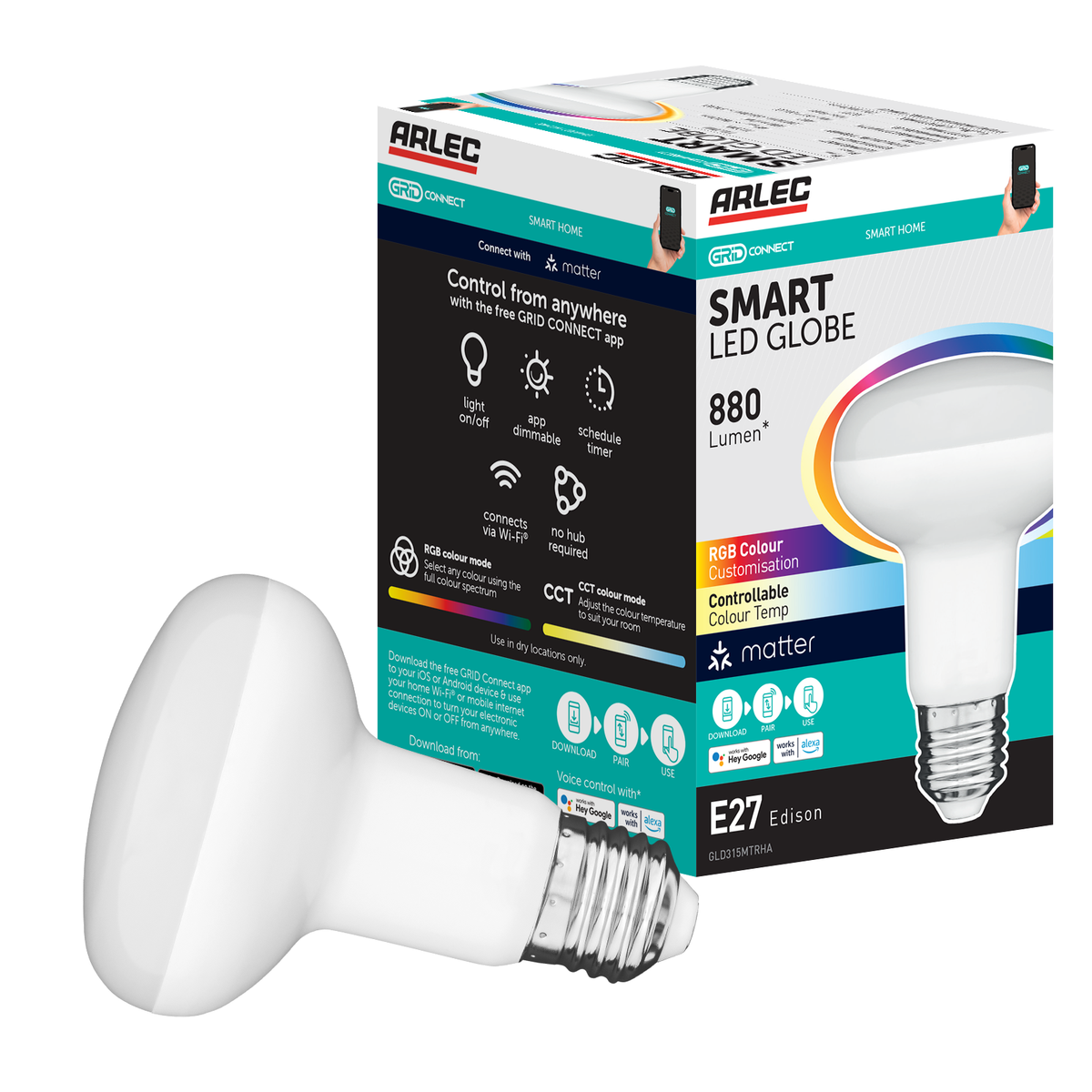 Arlec Grid Connect Smart 10W E27 RGB+CCT and Tunable White LED Reflector Globe