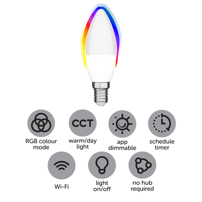 Arlec Grid Connect Smart 5W E14 470lm RGB and Tunable White Candle LED Globe - Matter Compatible