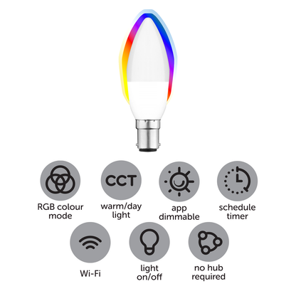 Arlec Grid Connect Smart 5W B15 470lm RGB and Tunable White Candle LED Globe - Matter Compatible