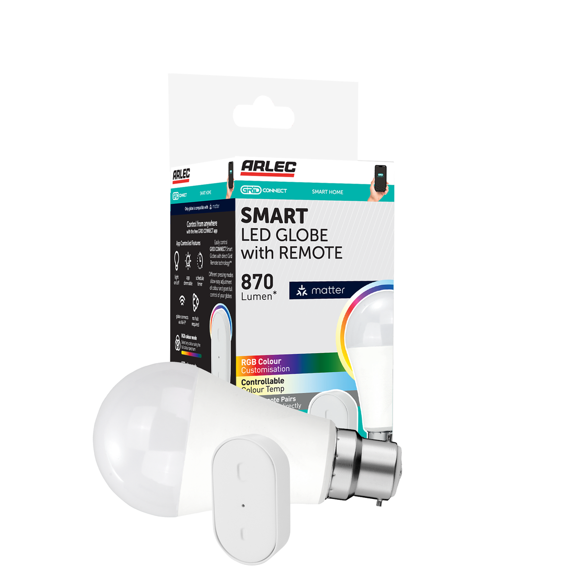 Arlec Grid Connect Smart 9W B22 A60 RGB+CCT and Tunable White LED Globe with Remote