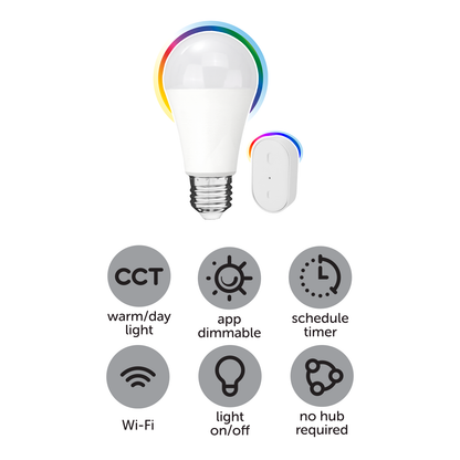 Arlec Grid Connect Smart 9W E27 A60 RGB+CCT and Tunable White LED Globe with Remote