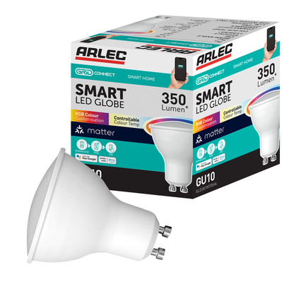 Arlec Grid Connect Smart 4.7W GU10 350lm RGB and Tunable White LED Globe - Matter Compatible