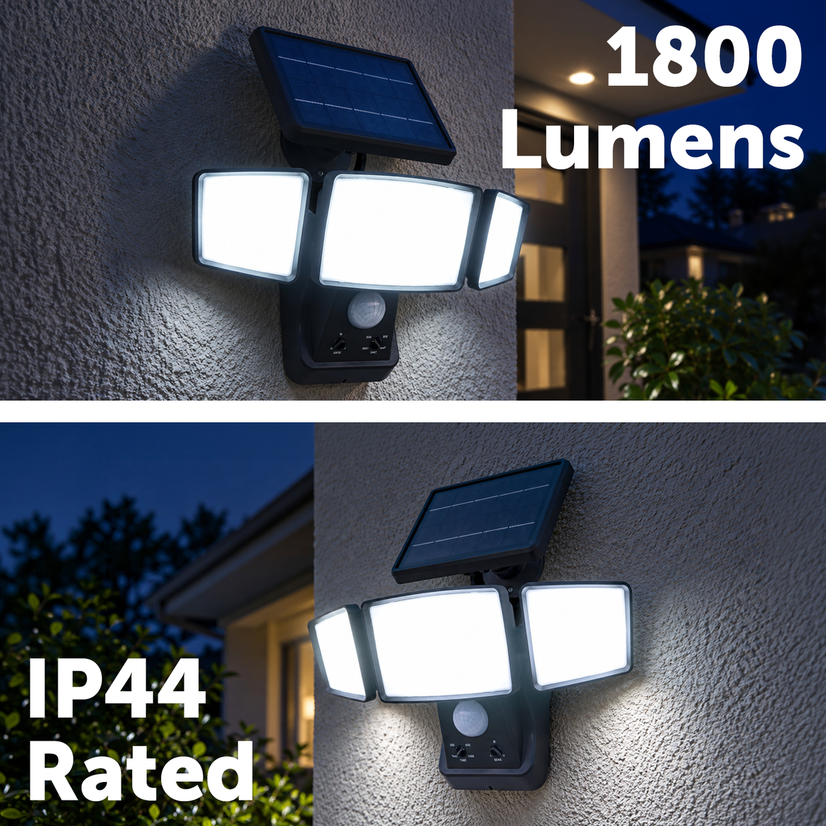Solar linkable three head security floodlight with PIR motion sensor