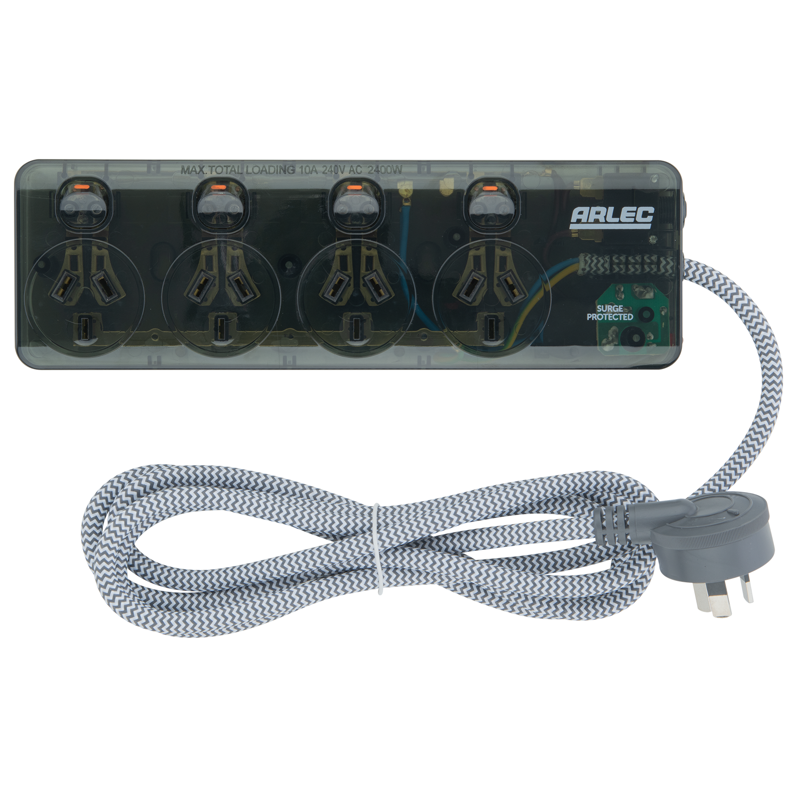 Arlec Clear Grey 4 Outlet Surge Protected Powerboard