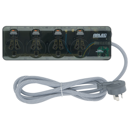 Arlec Clear Grey 4 Outlet Surge Protected Powerboard