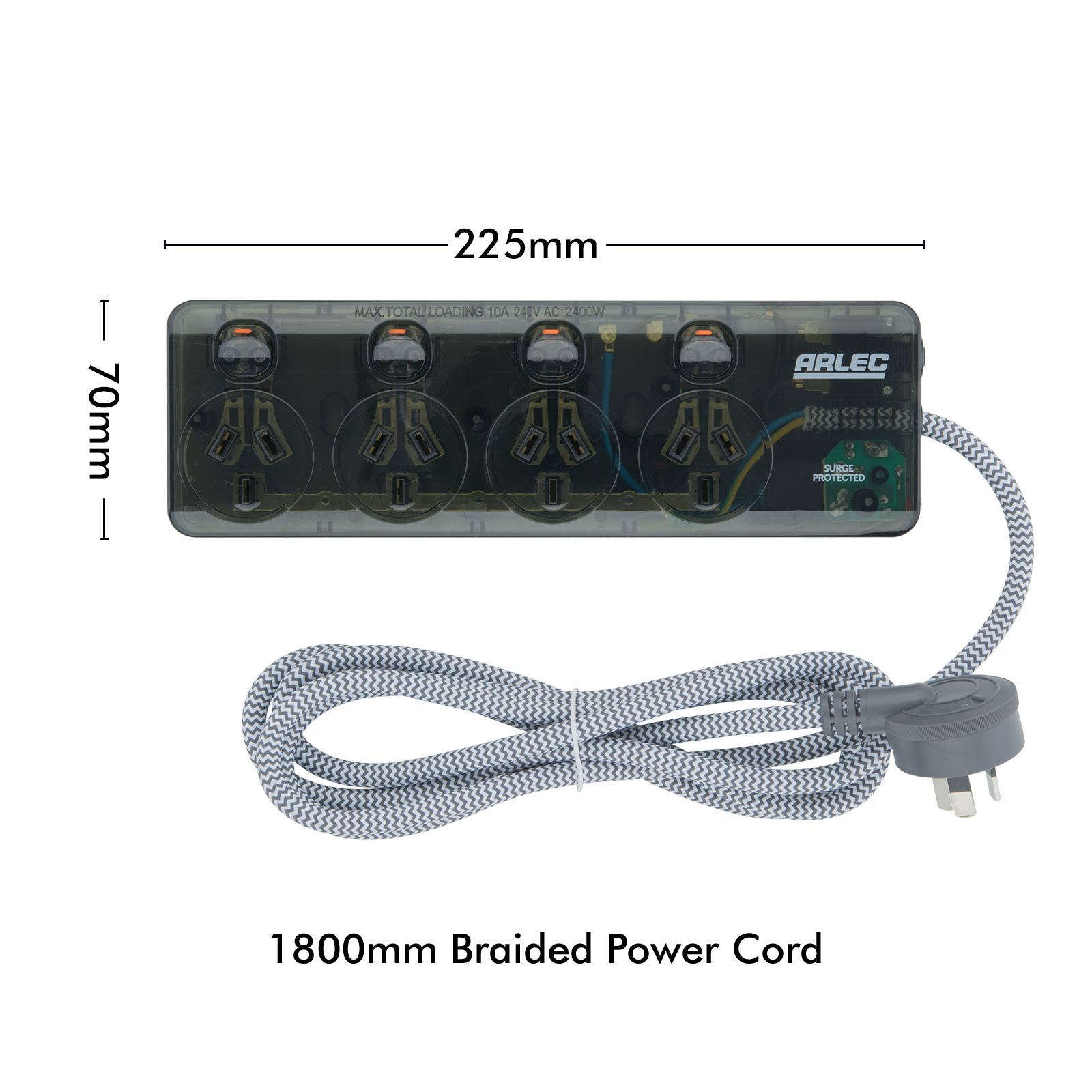 Arlec Clear Grey 4 Outlet Surge Protected Powerboard