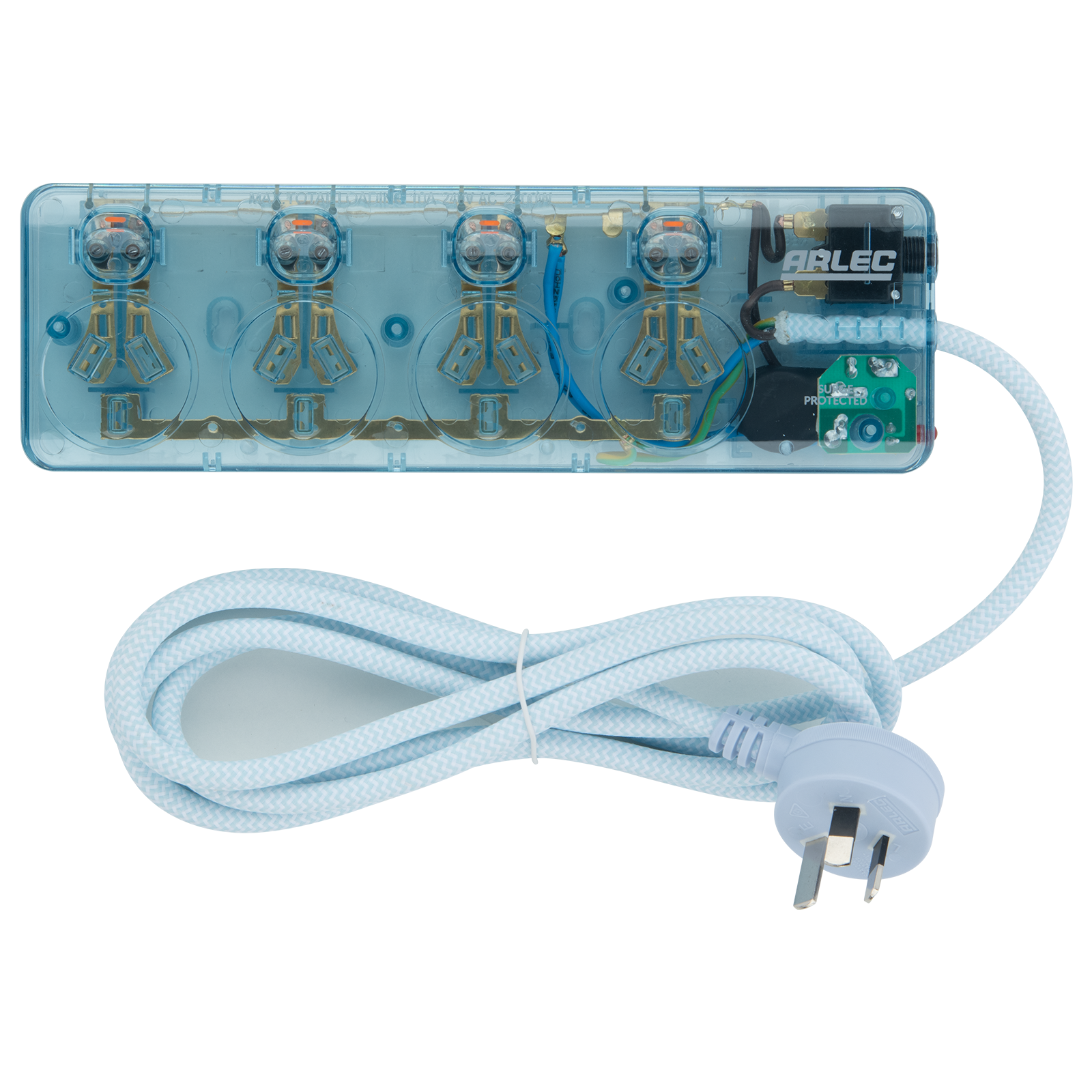 Arlec Clear Blue 4 Outlet Surge Protected Powerboard