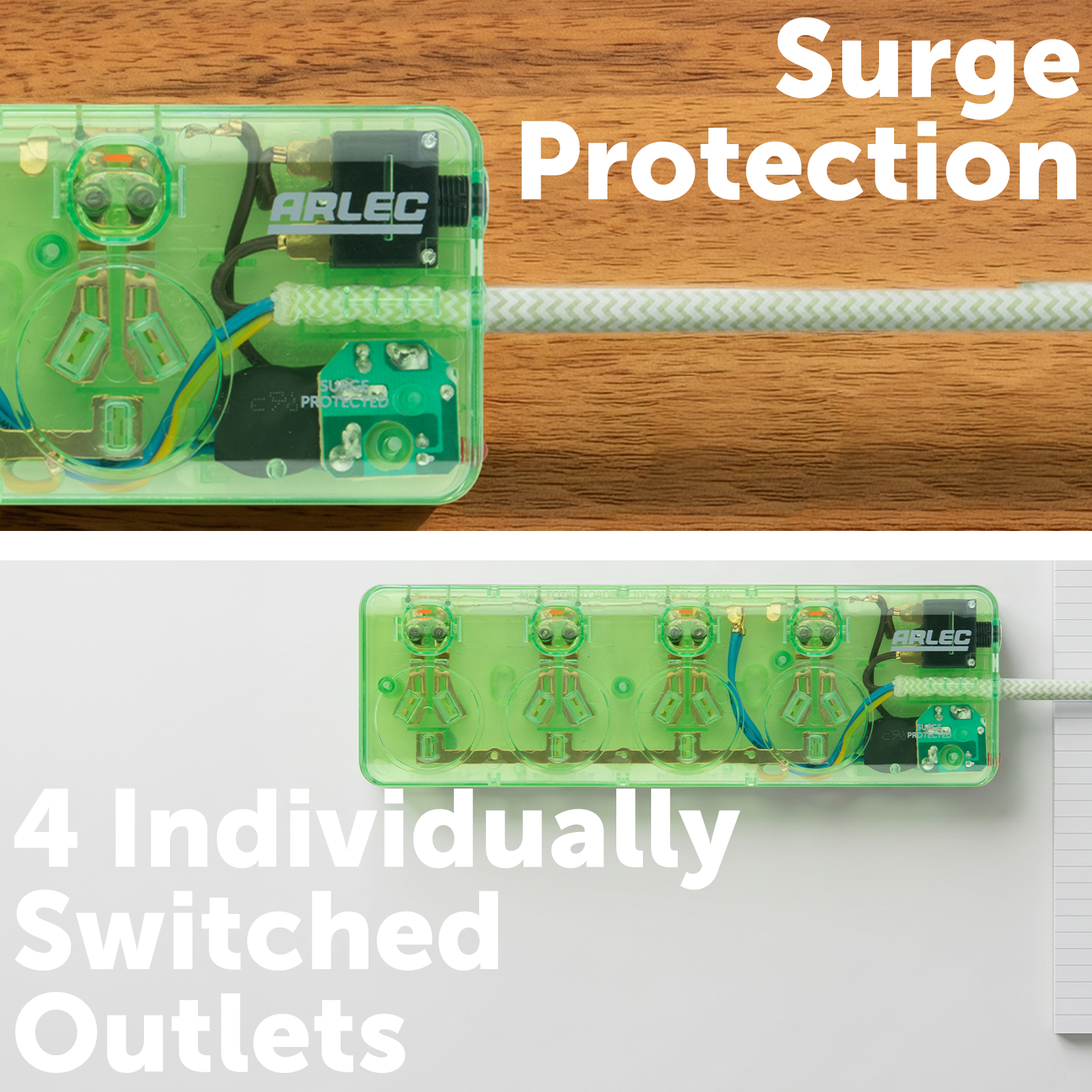 Arlec Clear Green 4 Outlet Surge Protected Powerboard