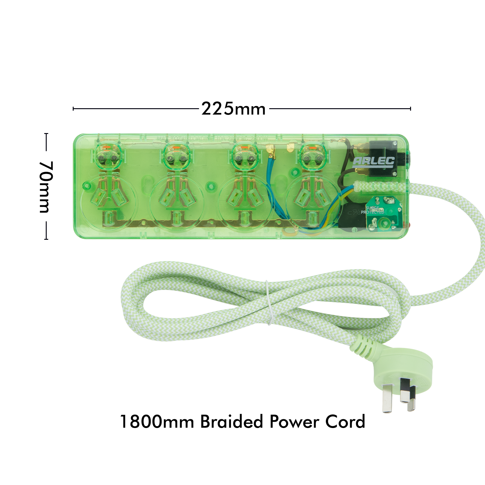 Arlec Clear Green 4 Outlet Surge Protected Powerboard