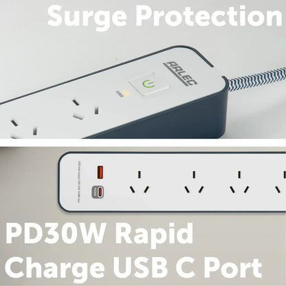 Arlec 4 Outlet PD30W Rapid Charge Powerboard – USB C powerboard with surge protection, stylish design, home & office use