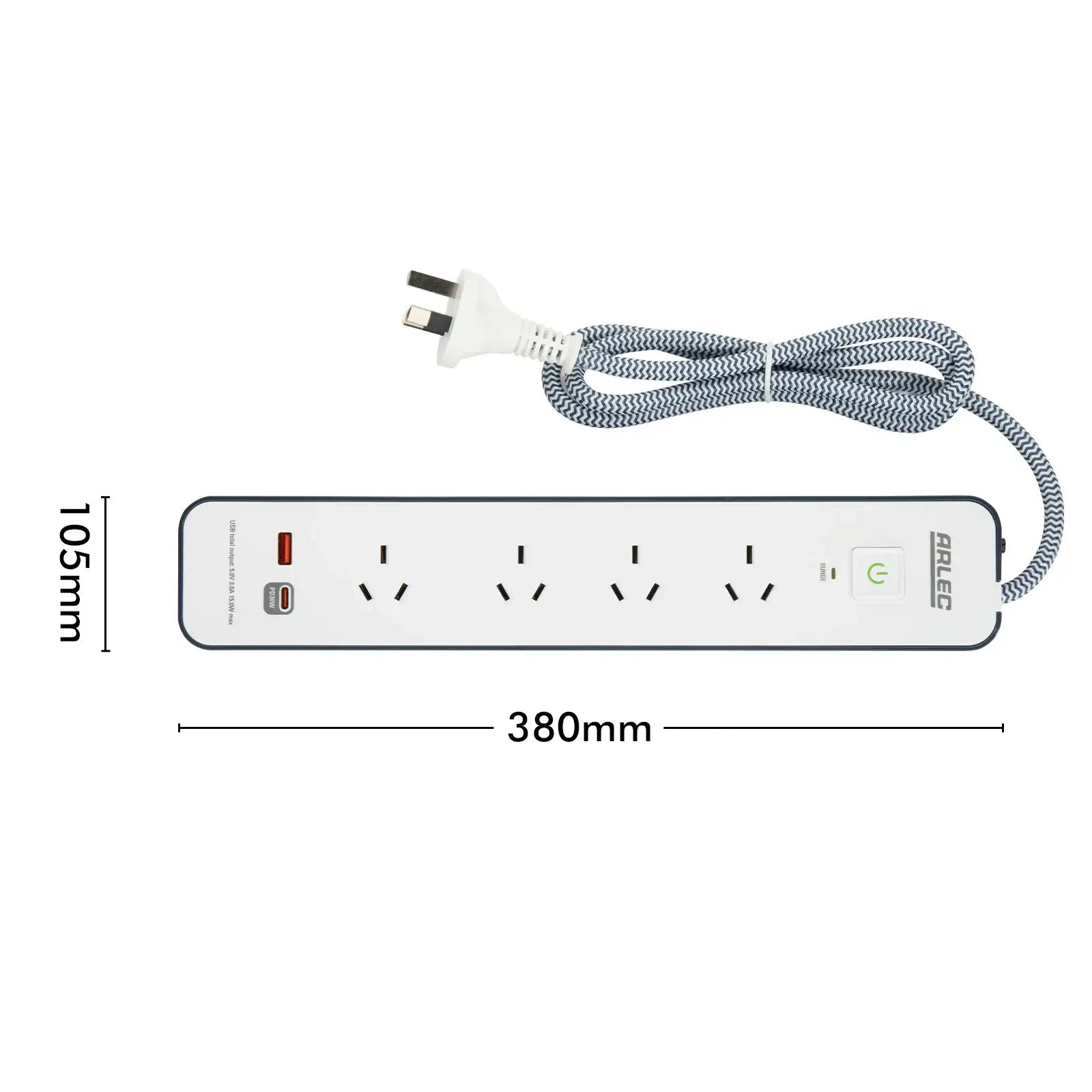 Arlec 4 Outlet PD30W Rapid Charge Powerboard – USB C powerboard with surge protection, stylish design, home & office use
