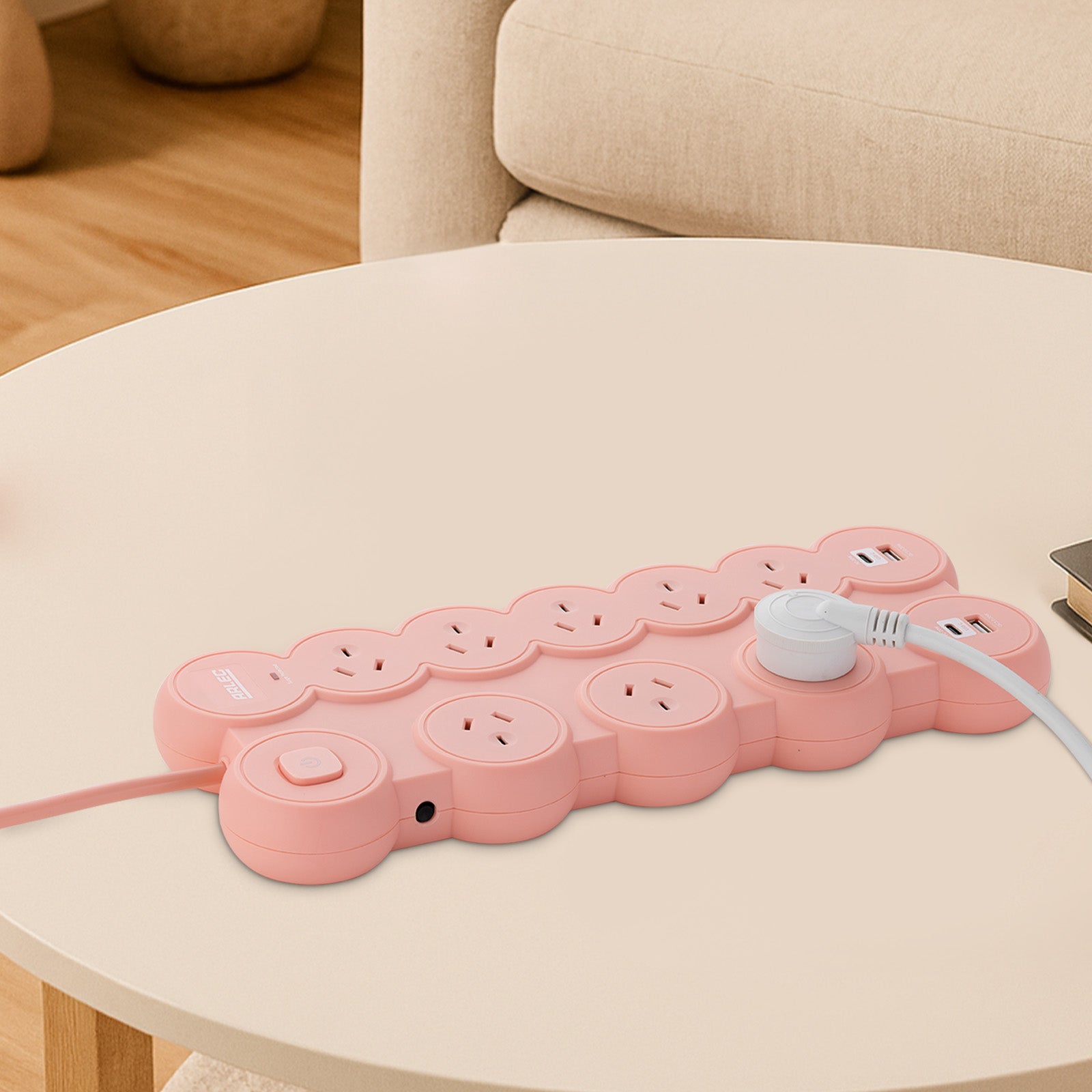 8 outlet round powerboard – peach – powerboard with round design and surge protection