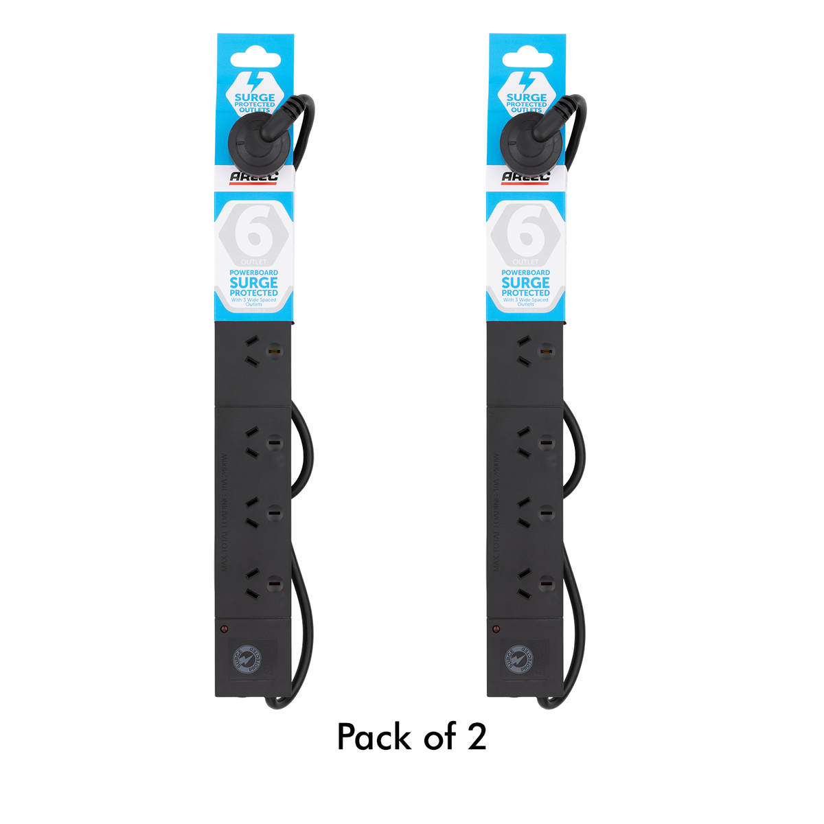 Arlec 6 Outlet Black Wide Spaced Surge Protected Powerboard