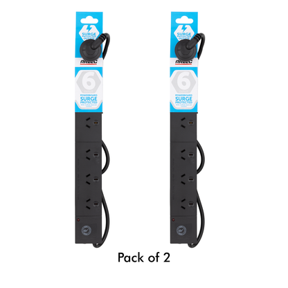 Arlec 6 Outlet Black Wide Spaced Surge Protected Powerboard